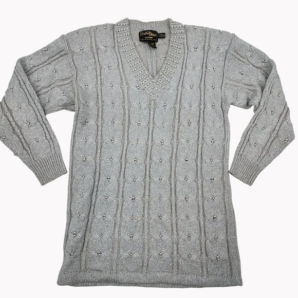 Vintage Christine Phillipe Silver Beaded Sweater With Sparkle & Shoulder Pads - Picture 1 of 8